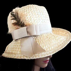 Cream Straw Wide-Brim Hat with Grosgrain Bow and Feather Detail